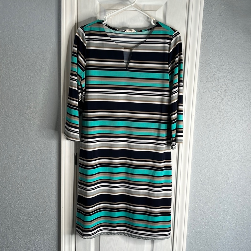 Messini womens dress, medium, green, tan, navy strips, 3/4 sleeve